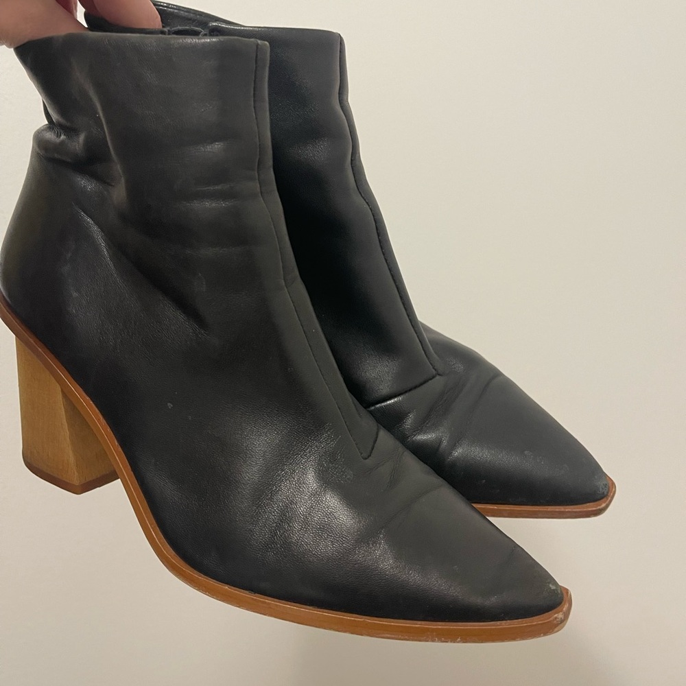 1. State Black Heeled Boots with Tan Block Heel